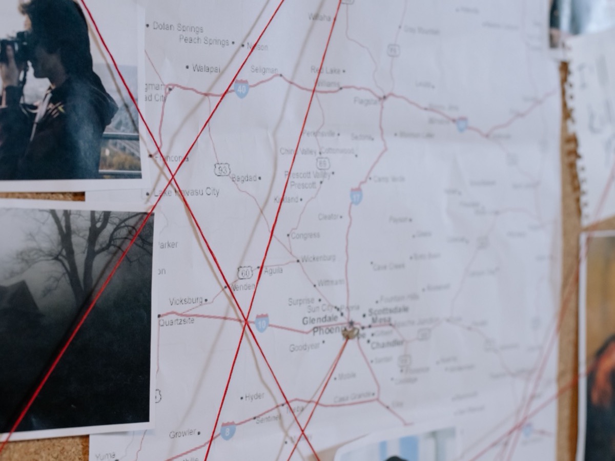 Investigation board with map and case photos